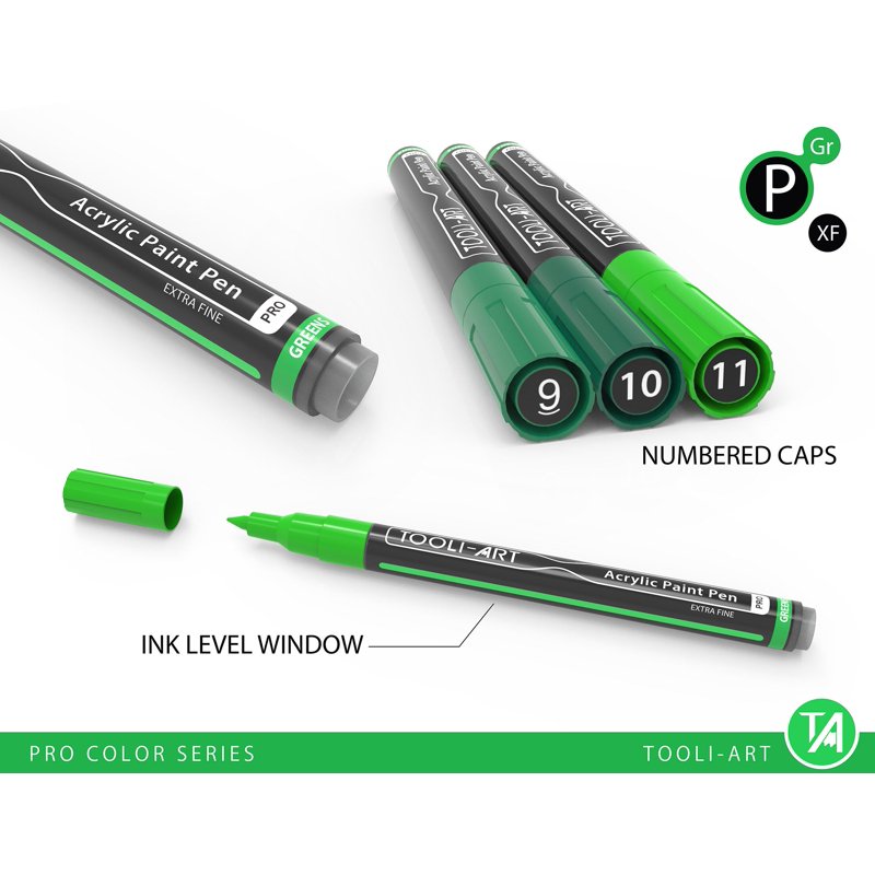 Green Acrylic Paint Pens 22-Color Set 0.7mm Extra-Fine Tip - Pro Color Series, TOOLI-ART, Variation: Green