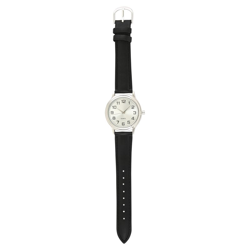 George Men's Silver Case with Black Faux Leather Strap Watch