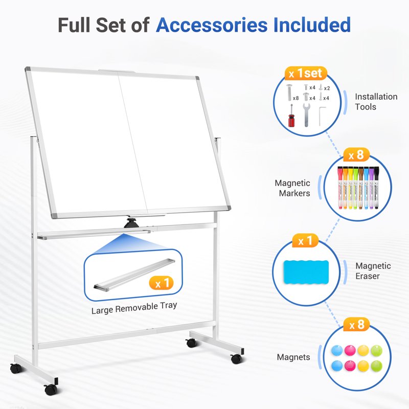 Large Double-Sided Mobile Whiteboard with Wheels, 48x36 Inches - Office & Classroom