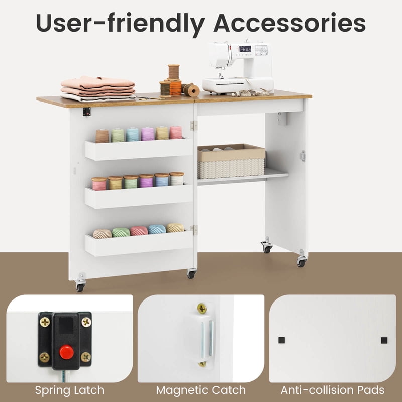 Folding Sewing Table with Storage Bins & Charging Station - Portable Craft Desk