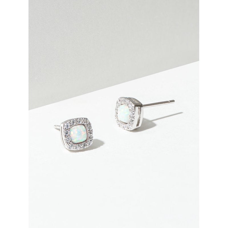 Women's Sterling Silver Created Opal and CZ Stud Earrings - Platinum Finish