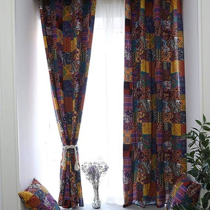 Boho Patchwork Cotton Linen Window Curtain Panel - Room Darkening 55x71 Inches