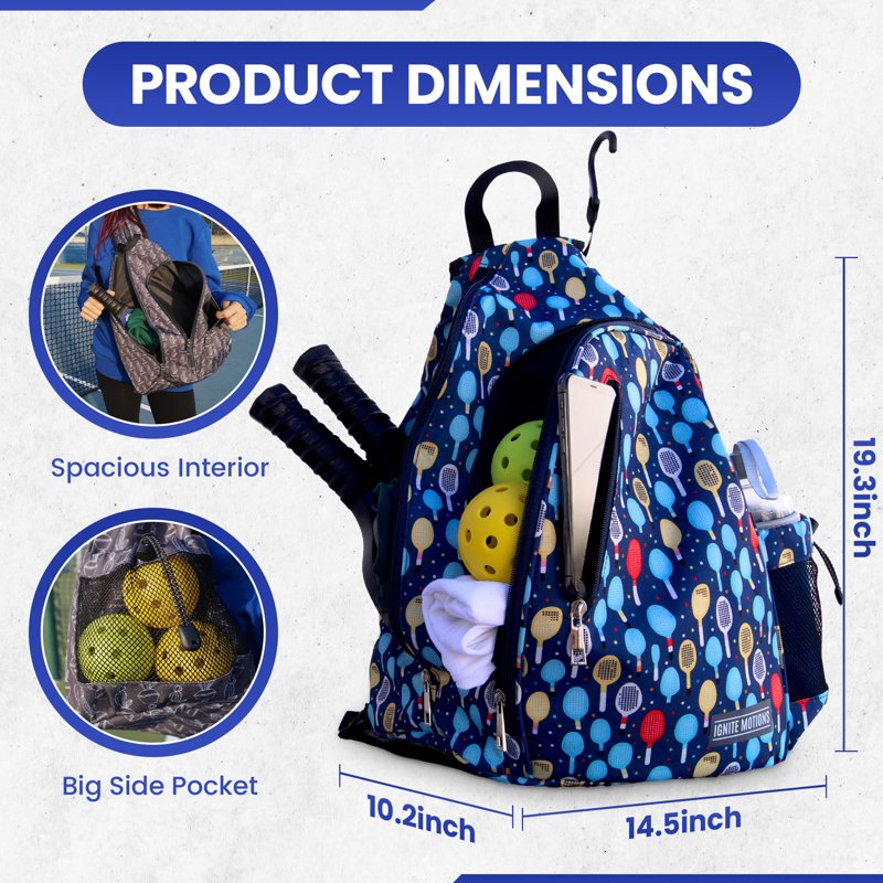 Ignite Motions Pickleball Sling Bag for Women & Men - Crossbody Backpack with Fence Hook, 4-Paddle Capacity, Water Bottle Holder (Variation: Paddles)