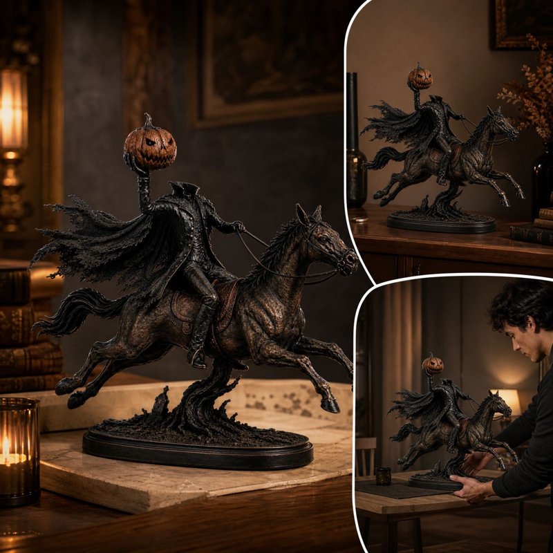 Halloween Headless Horseman Statue with LED Pumpkin Light, Gothic Tabletop Decor