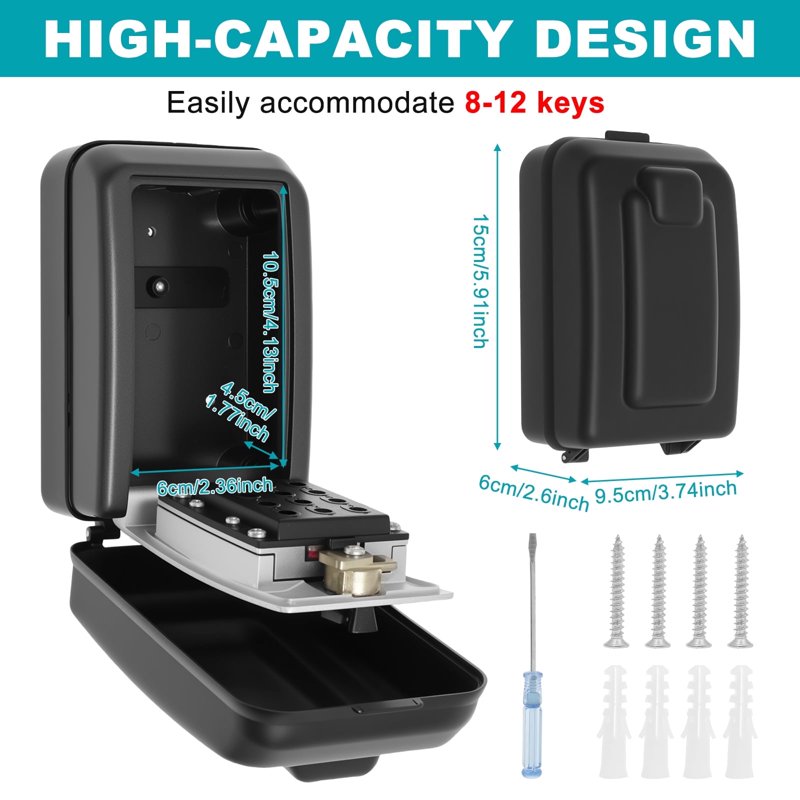 Heavy-Duty Wall-Mounted Key Lock Box with 12-Digit Combination Weatherproof Outdoor Safe for Home & Office