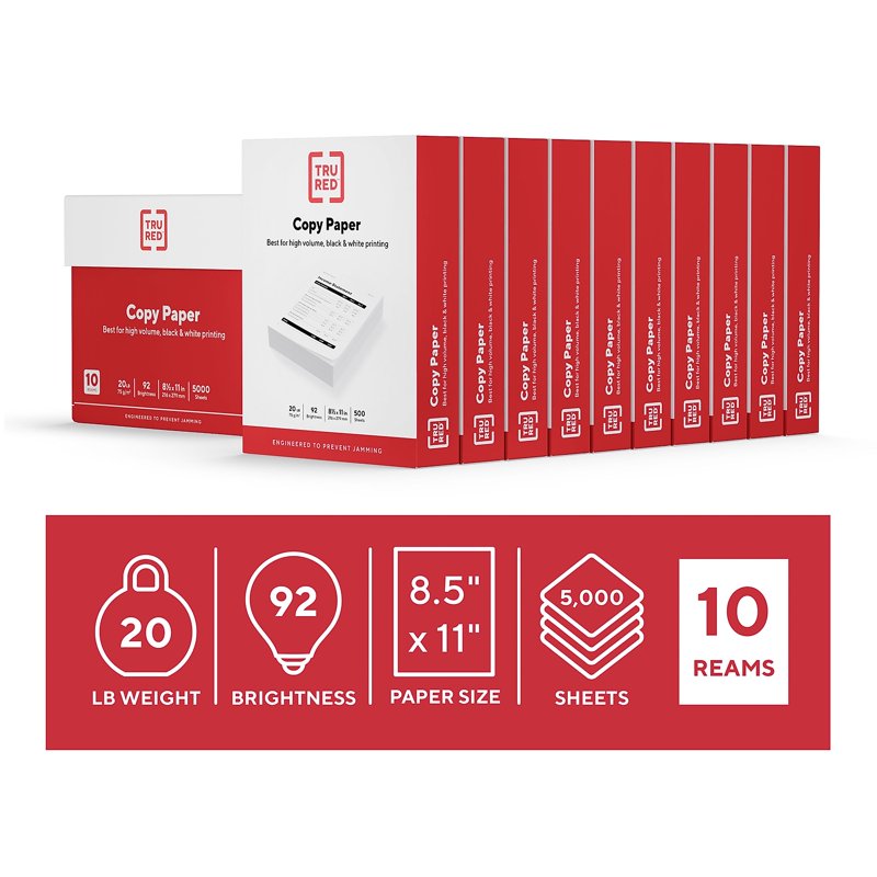 8.5 x 11 Printer Paper - 20lb, Bright White, 500 Sheets, 10 Reams