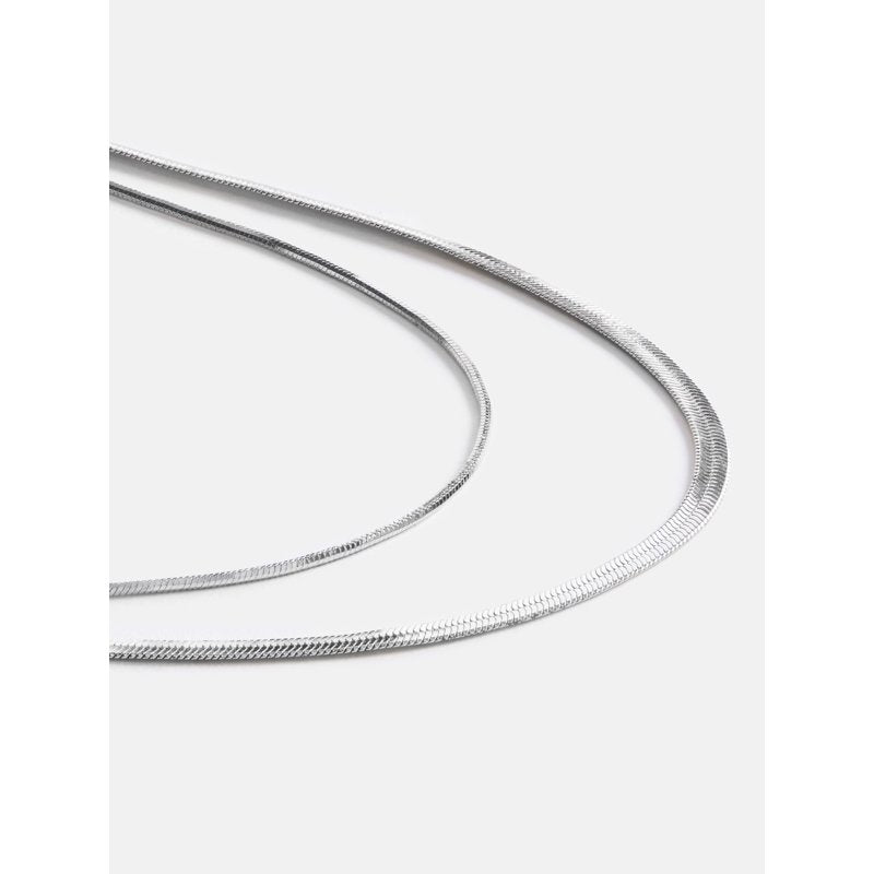 Women's Silver Plated Herringbone & Chain Bracelet Set - 2-Piece Layered Jewelry