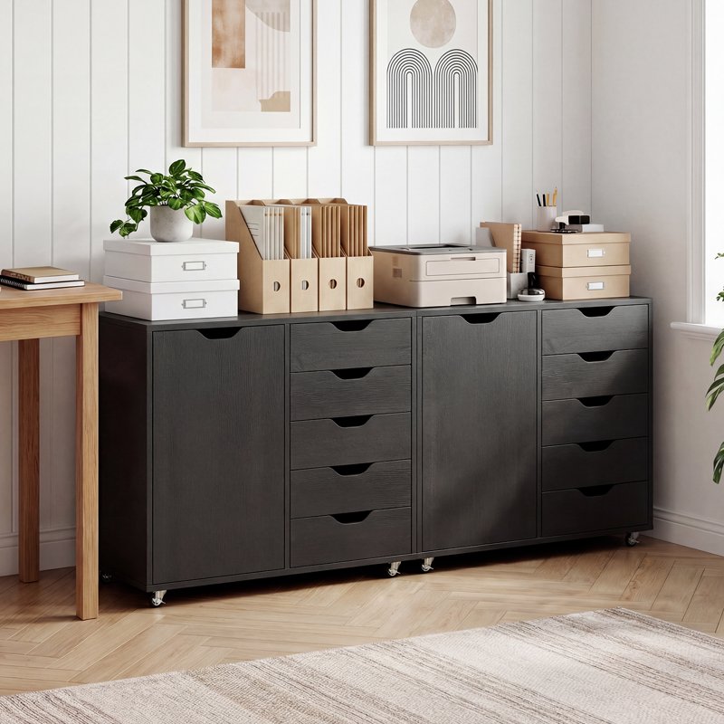 5-Drawer File Cabinet with Door and Adjustable Shelf - Rolling Home Office Storage