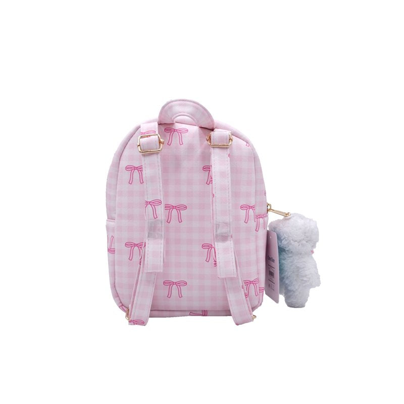 Girls Mini Backpack with Keychain - Pink Gingham and Bows, Adjustable Straps