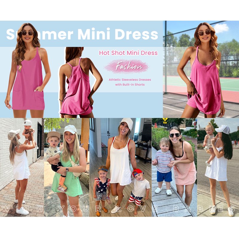 Women's Athletic Mini Dress with Built-In Shorts V Neck Sleeveless Workout Dress