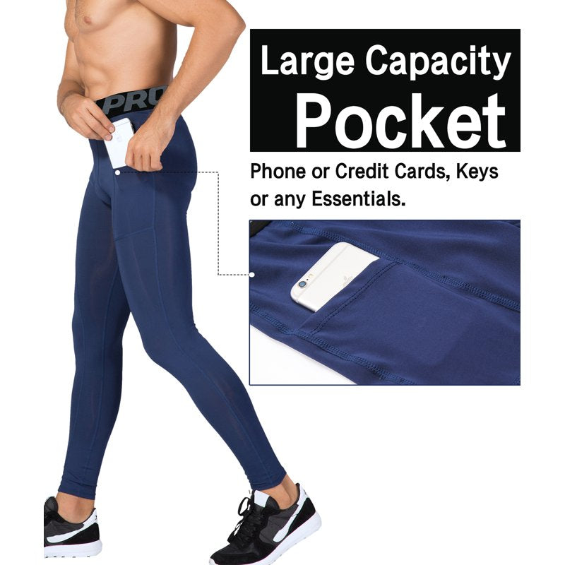 Men's Compression Tights with Pockets for Running & Gym - Athletic Workout Pants