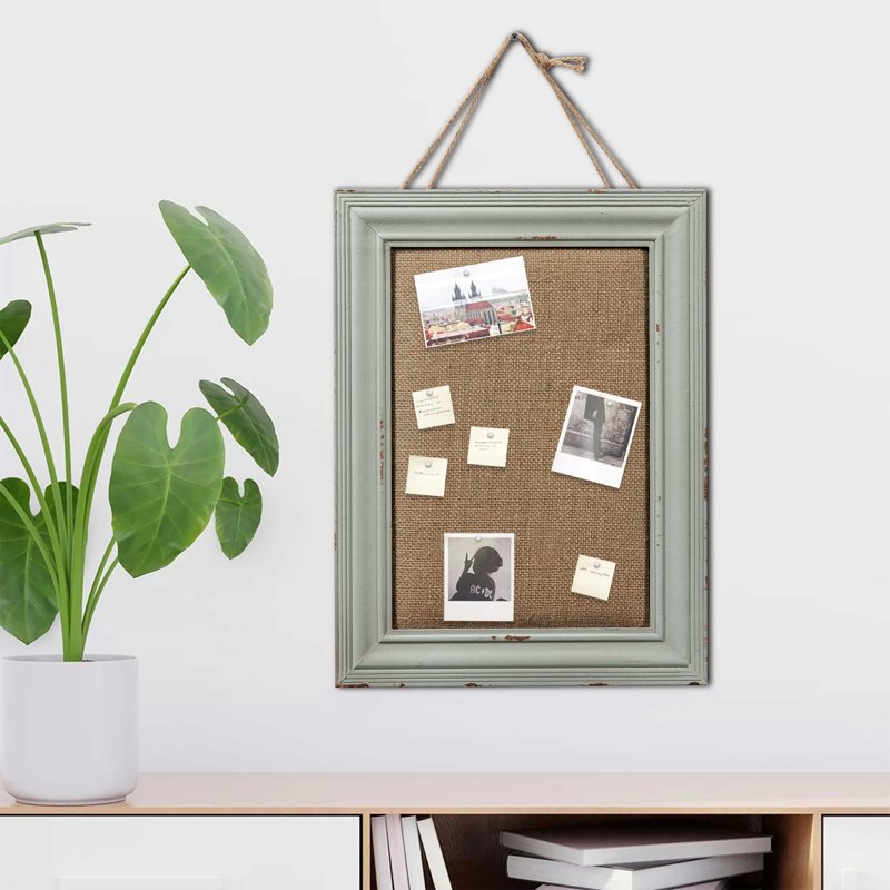 Small Bulletin Board with Linen Fabric & Antique Wooden Frame - Wall Cork Board