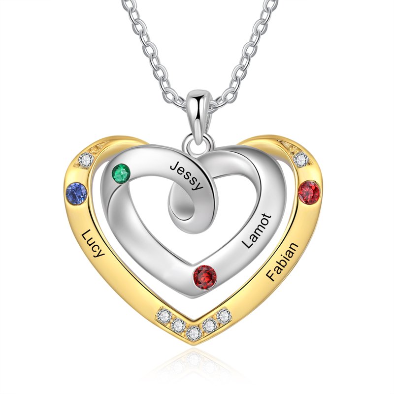 Personalized Family Necklace with Birthstones - Rhodium Plated Brass for Women