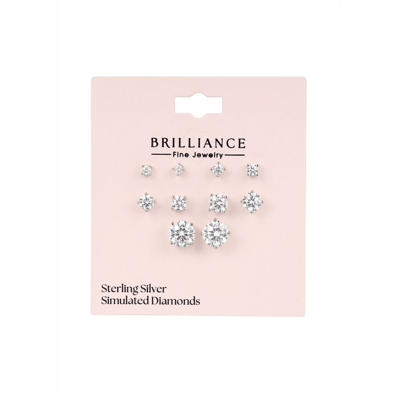 Sterling Silver Simulated Diamond Stud Earrings 5 Pairs - Women's Jewelry Set