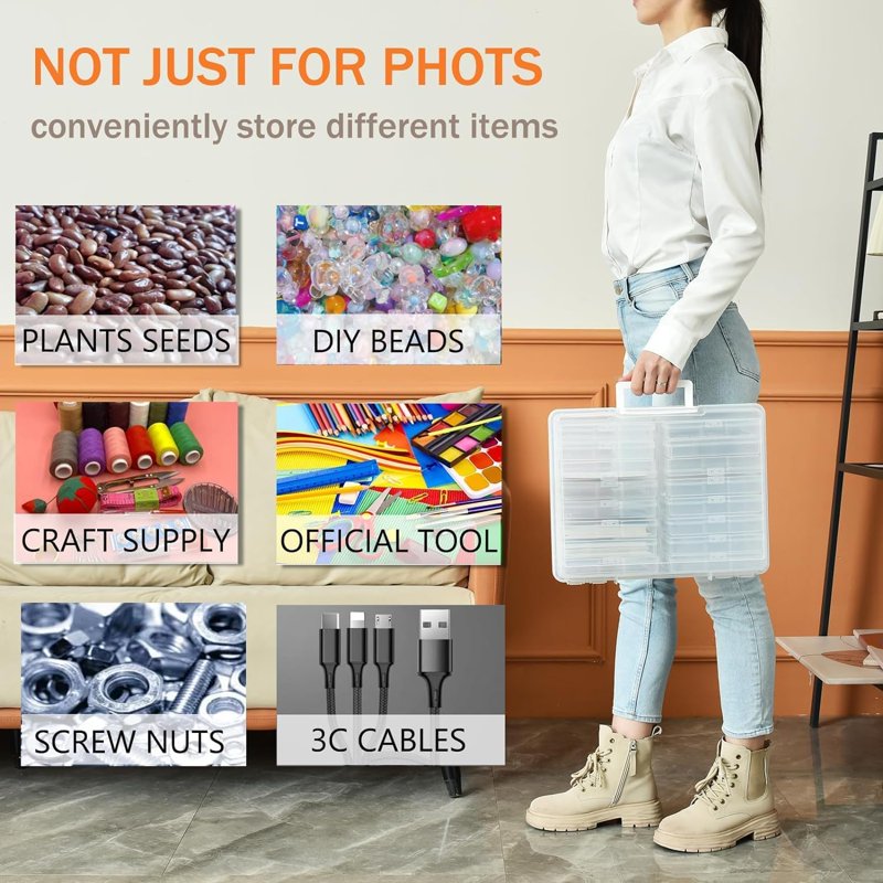 Multi-Functional Photo Storage Box with 16 Clear Photo Cases, Portable Organizer for Pictures, Crafts, and Office Supplies