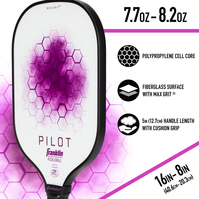 Pilot Pickleball Paddle with Polypropylene Core - Franklin Sports USAPA Approved, Lightweight 7.7-8.2 oz, White/Purple