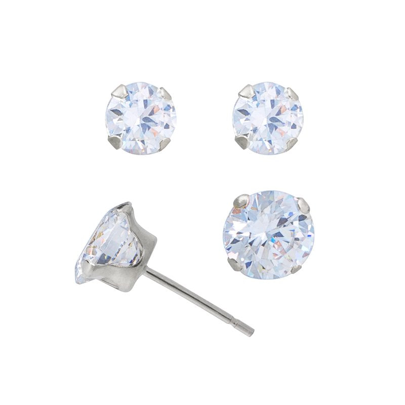 Women's White Gold CZ Stud Earrings Set - 6mm & 7mm, 10kt Gold Jewelry
