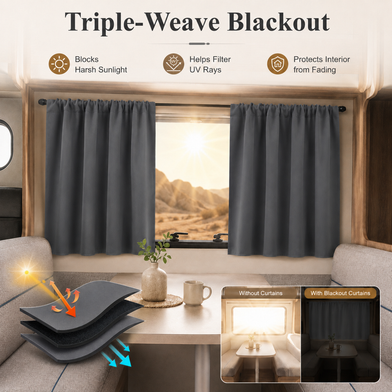 RV Blackout Tier Curtains 2 Panels - Noise & Light Blocking, Rod Pocket, Multiple Sizes