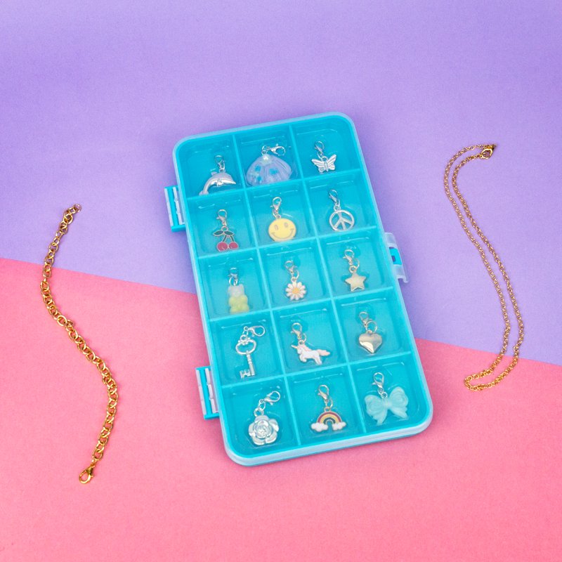 Multicolor Charm Jewelry Kit for Kids Ages 6+ with 15 Interchangeable Charms and Gold Chain