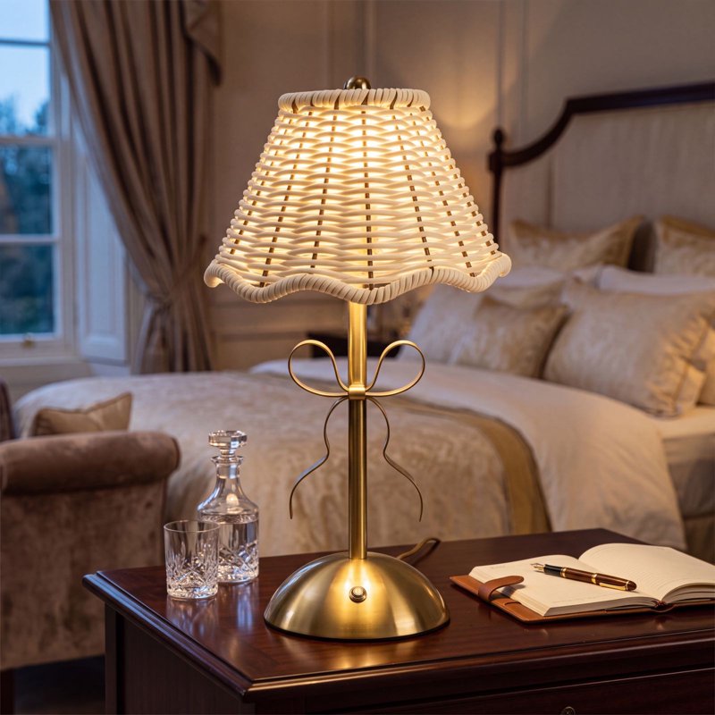 Cordless Rattan LED Table Lamp with Touch Dimming & USB Rechargeable Nightstand Light for Bedroom & Living Room