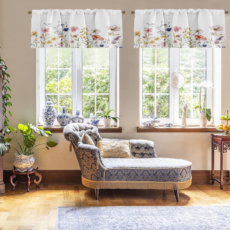 Window Valances with Floral & Eucalyptus Patterns - 18x52 Inch Adjustable Rod Pocket Drapes - Pack of 2