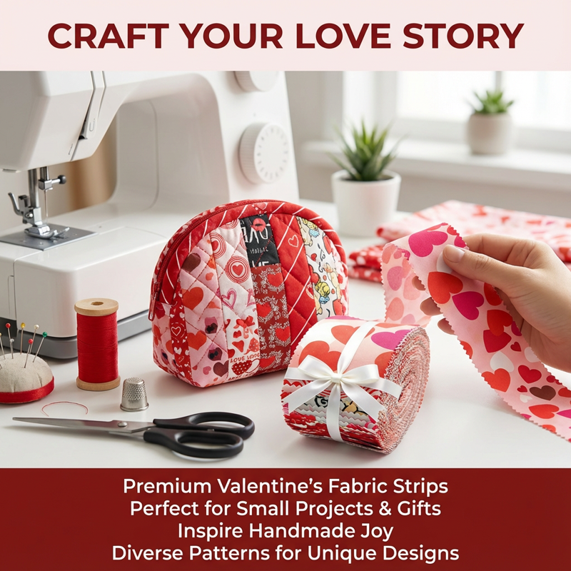 Precut Jelly Roll Fabric Strips Bundle for Quilting and Sewing - Pink Heart Design