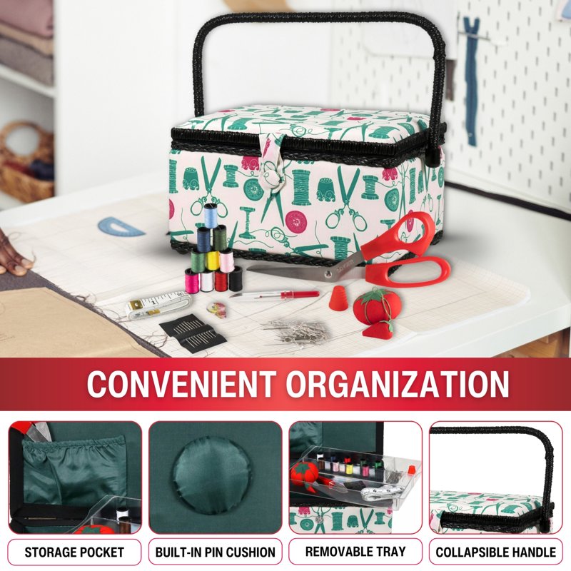 Large Vintage Sewing Basket Kit with 127 Notions - Storage & Organizer
