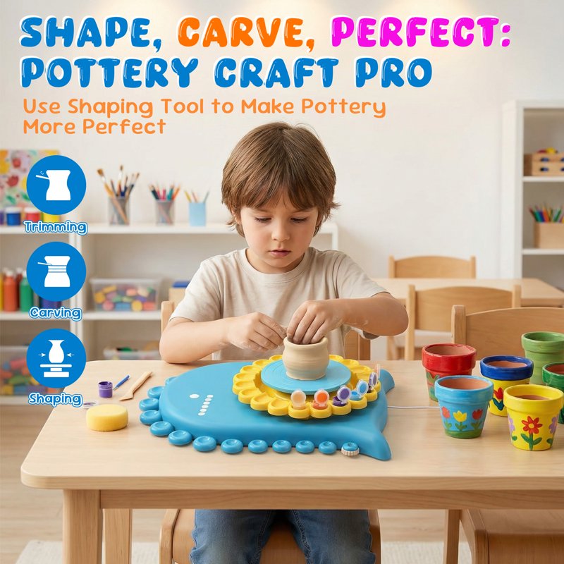 Kids Pottery Wheel Kit with Clay, Tools & Colors - Arts & Crafts