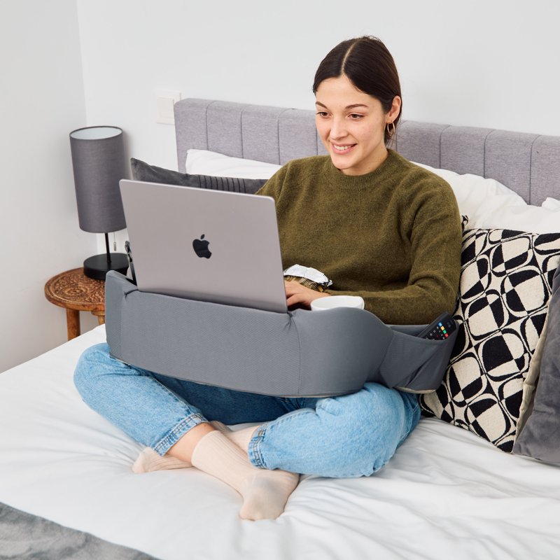 Gray 27-Inch Oversized Lap Desk Pillow with Cup Holder & Storage