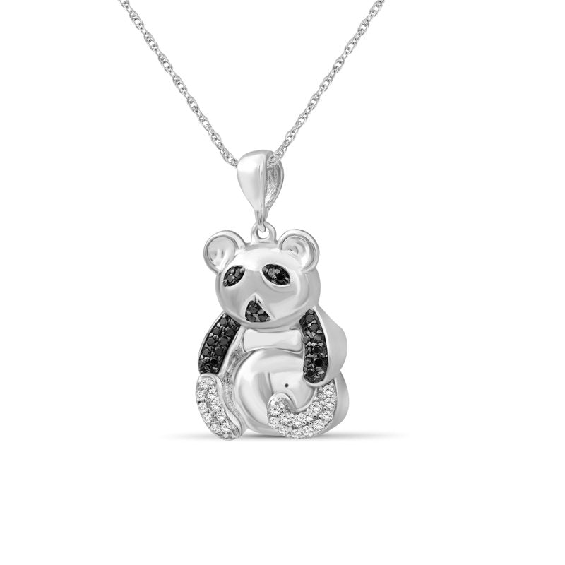 Halloween Panda Necklace with Black & White Diamonds - Sterling Silver Pendant & Rope Chain