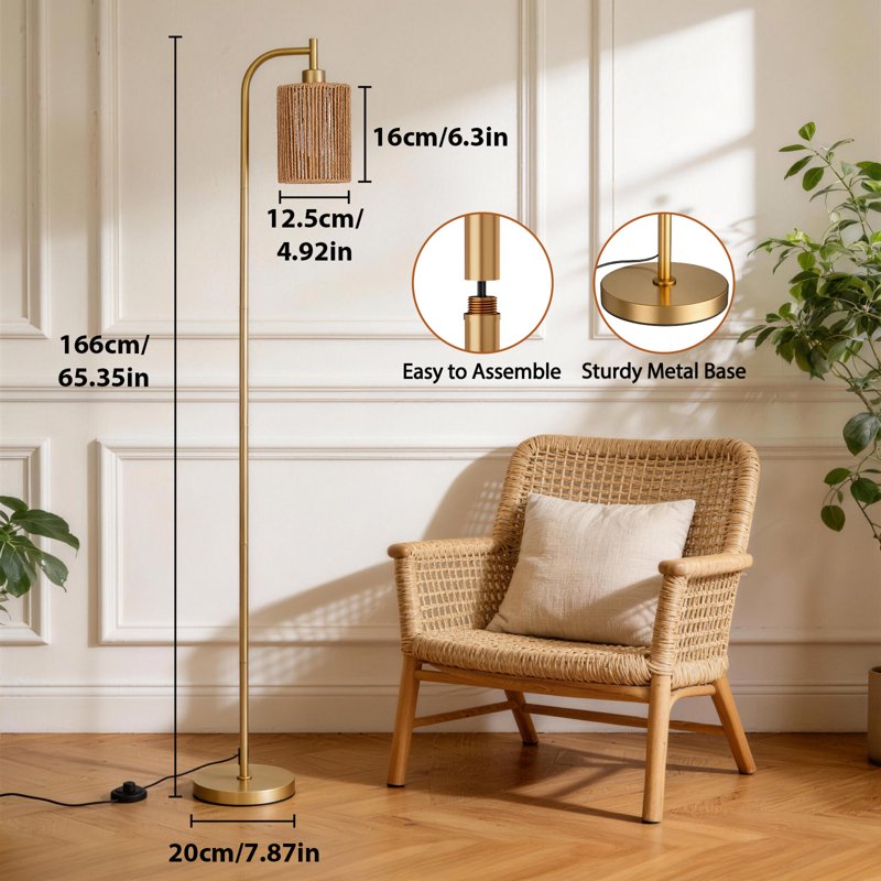 66-Inch Rattan Floor Lamp with 3 Color Temperatures and Foot Switch - Boho Gold Standing Lamp for Living Room, Bedroom, Office