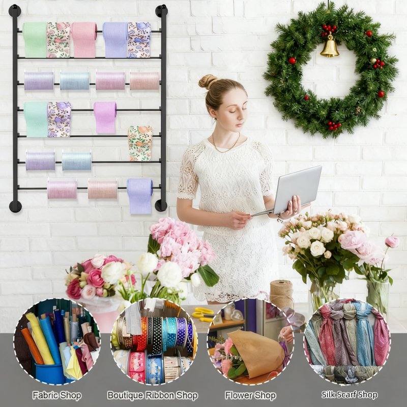 7 Tier Wall-Mounted Ribbon Storage Rack Metal Organizer for Crafts & Retail