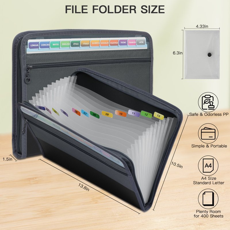 Accordion File Organizer with Zipper - 13-Pocket Waterproof Document Bag for Office & Home