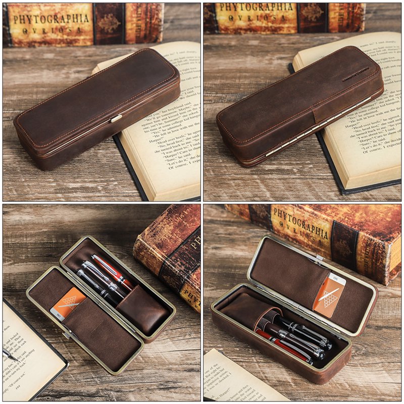 Genuine Leather Fountain Pen Case for 3 Pens with Card Slot - Handmade