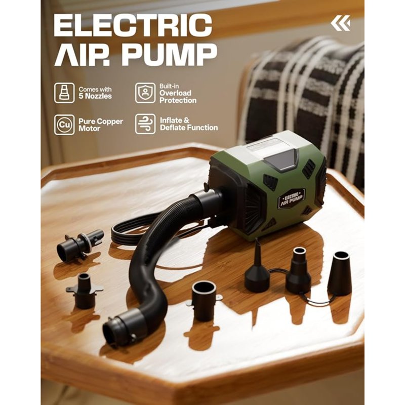 Portable Electric Air Pump for Inflatables with 5 Nozzles - Corded Inflator for Pools, Air Mattresses & Camping