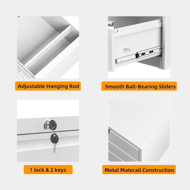 Vertical Lockable Filing Cabinet with Adjustable Hanging Frames - White Metal Office Storage