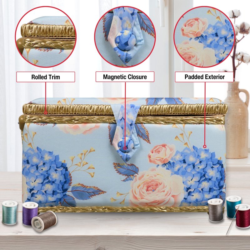 Large Sewing Basket with Hydrangeas Floral Print and Zipper Pouch - Travel Storage Organizer