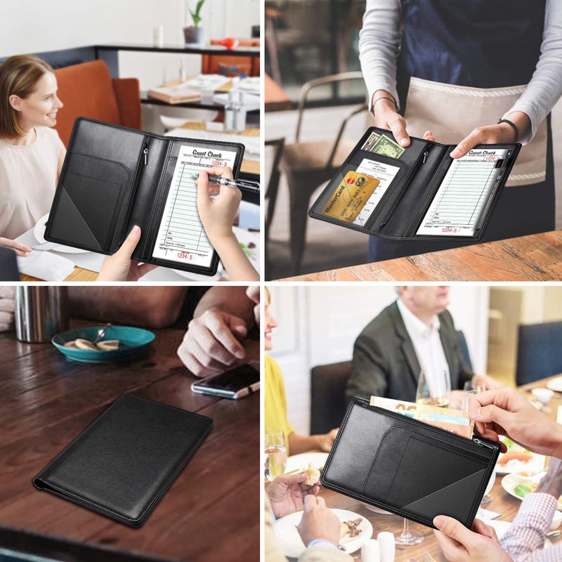 Server Book Organizer with Zipper Pocket and Pen Holder - Restaurant Guest Check Presenter, Leather Look