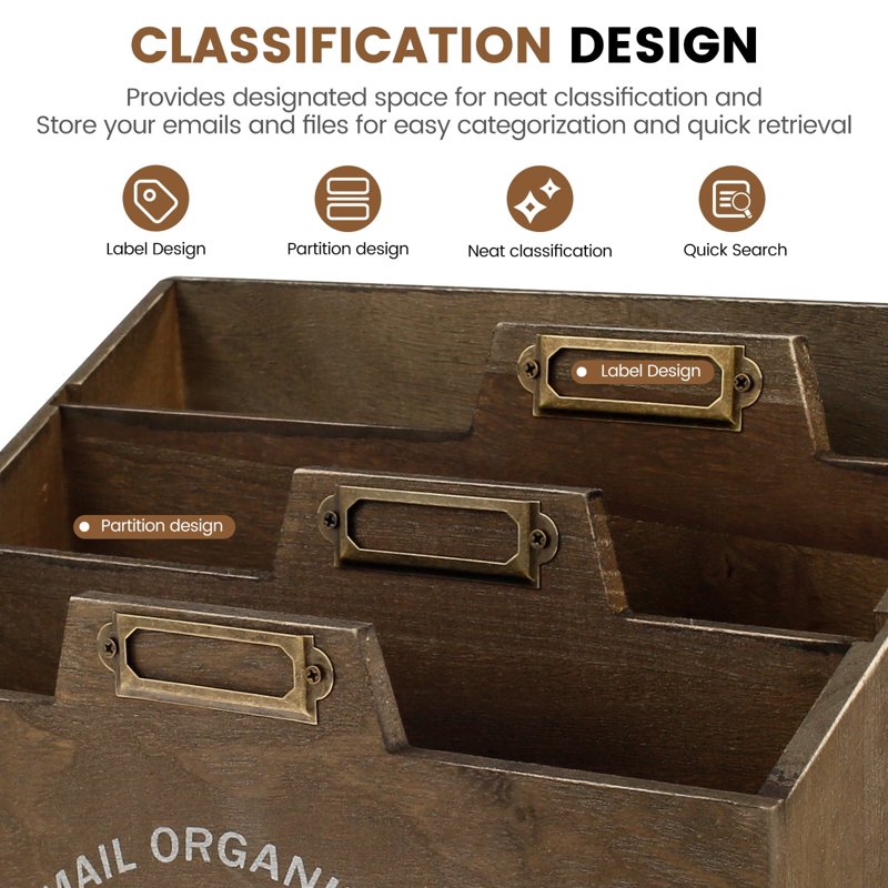 Wood Letter Mail Organizer with 3 Compartments - Countertop Desk File Sorter