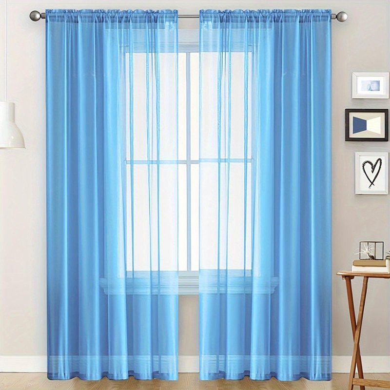 Nkmbld Solid Color Double-String Polyester Curtains for Living Room and Bedroom - Blue