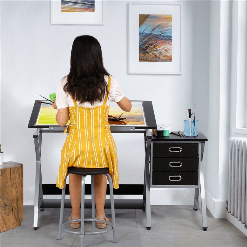Adjustable Steel Drafting Table with Stool - Art & Office Workspace