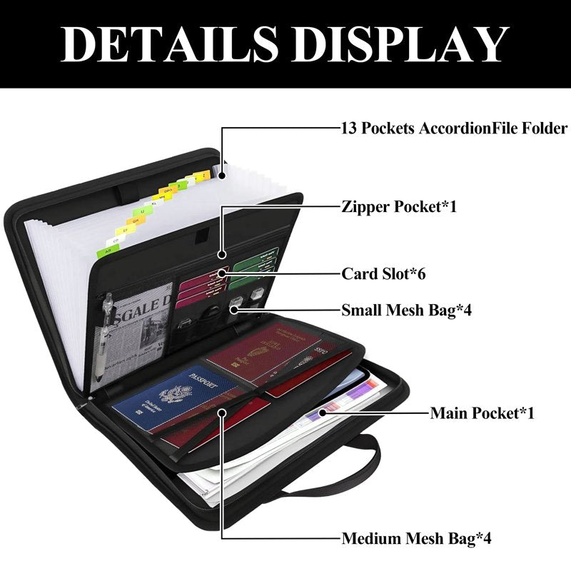Fireproof Accordion File Organizer with Waterproof Zipper and Labels - 13 Pockets, Portable Document Storage