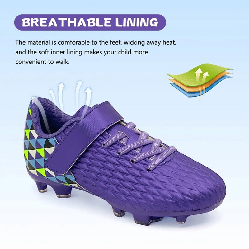 Kids Soccer Cleats - Purple Big Kid Training Football Shoes with Hook & Loop Strap