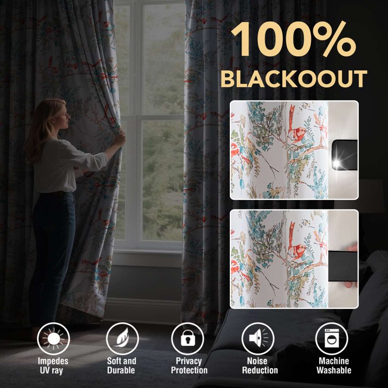 Blackout Floral Bird Curtains - Thermal Grommet Drapes for Bedroom & Living Room, 52x96, Teal/Rust