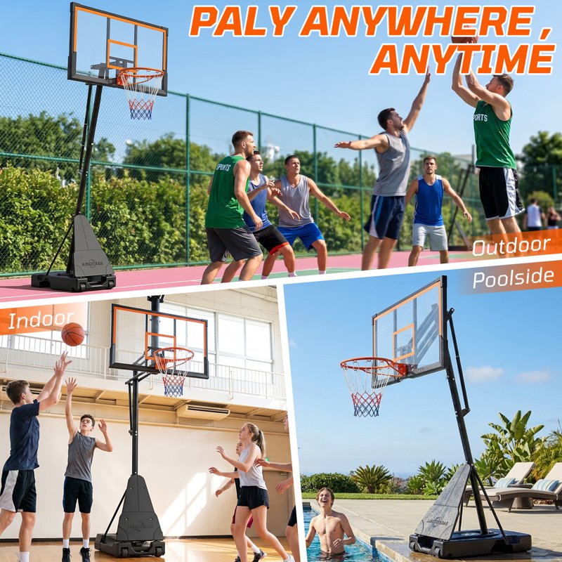 Portable Basketball Hoop with Rebound Plate, Adjustable Height 5.25-10FT, 44-Inch Backboard, Outdoor