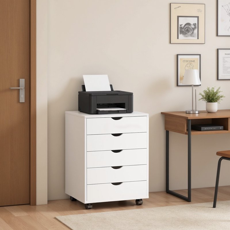 Wooden 5-Drawer Mobile Storage Chest with Wheels for Office & Home Organization