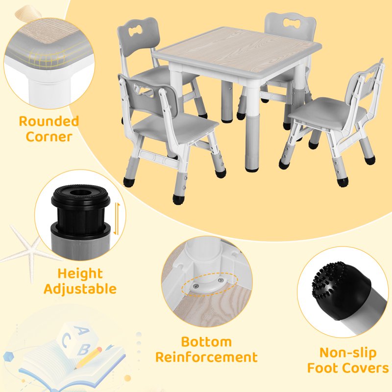 Kids Activity Table and Chairs Set with Adjustable Height, Non-Slip Legs, Gray