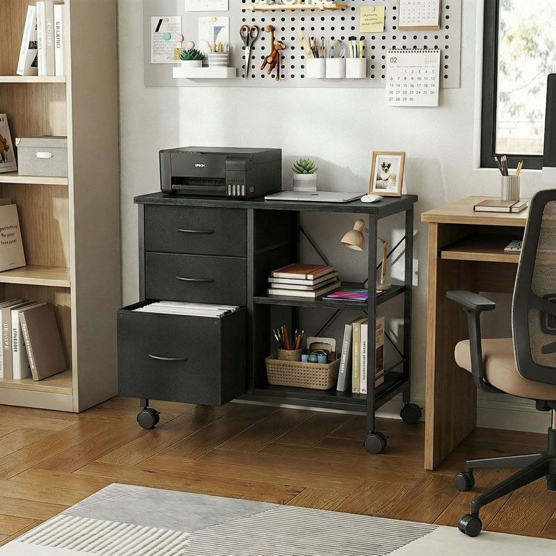 Mobile File Cabinet with 3 Fabric Drawers and Open Shelf - Black, White, Rust