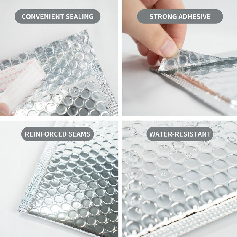 50 Pack Insulated Silver Metallic Bubble Mailers - Self Seal Padded Envelopes