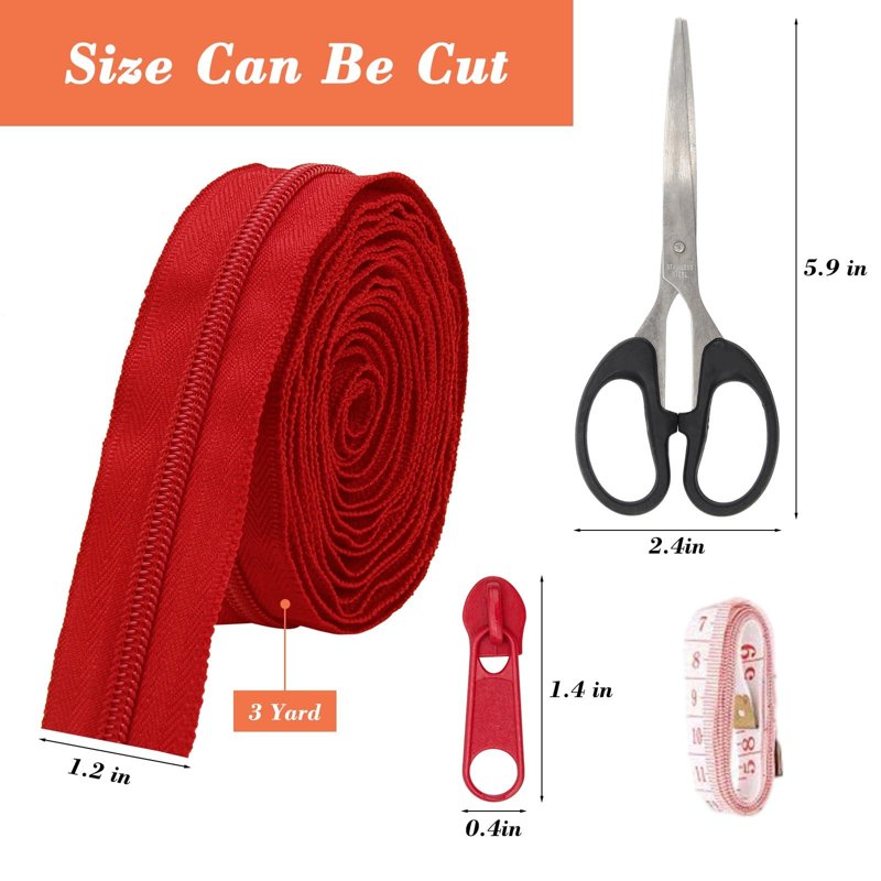 DIY Zipper Kit with 45 Yards of Nylon Coil Zippers in 15 Colors, Includes Pull Heads, Scissors & Ruler